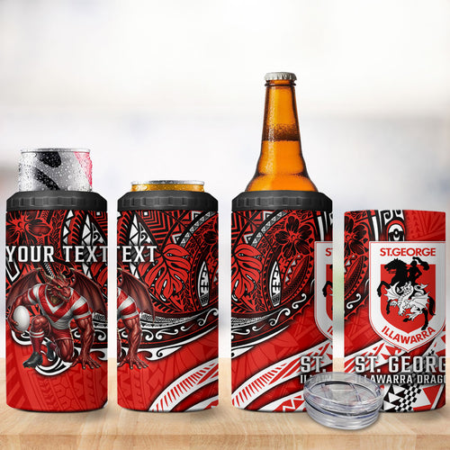 Personalised St George Illawarra Dragons 4 in 1 Can Cooler Tumbler Polynesian Tribal Art Style With Fierce Red Dragon Mascot