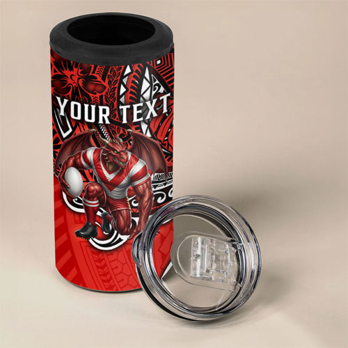 Personalised St George Illawarra Dragons 4 in 1 Can Cooler Tumbler Polynesian Tribal Art Style With Fierce Red Dragon Mascot