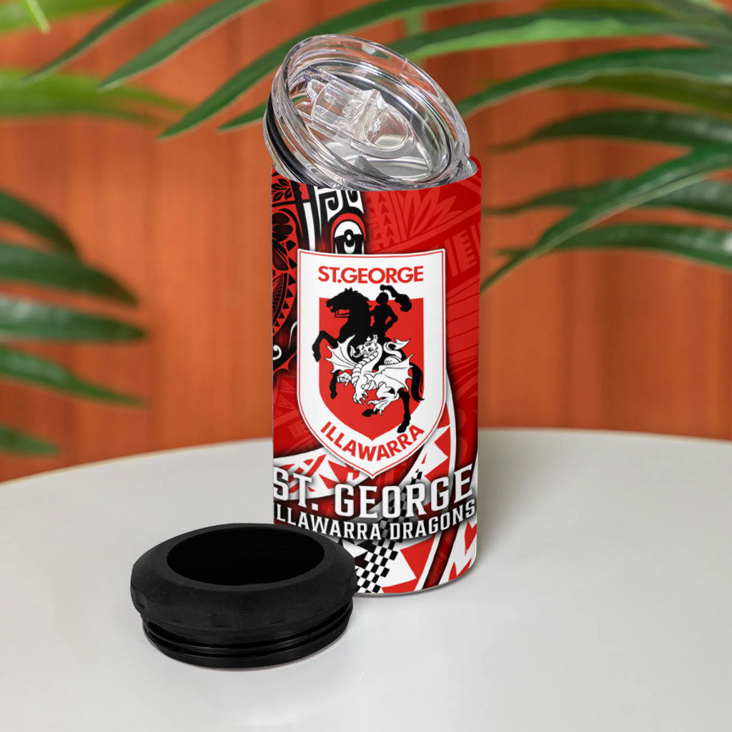 Personalised St George Illawarra Dragons 4 in 1 Can Cooler Tumbler Polynesian Tribal Art Style With Fierce Red Dragon Mascot