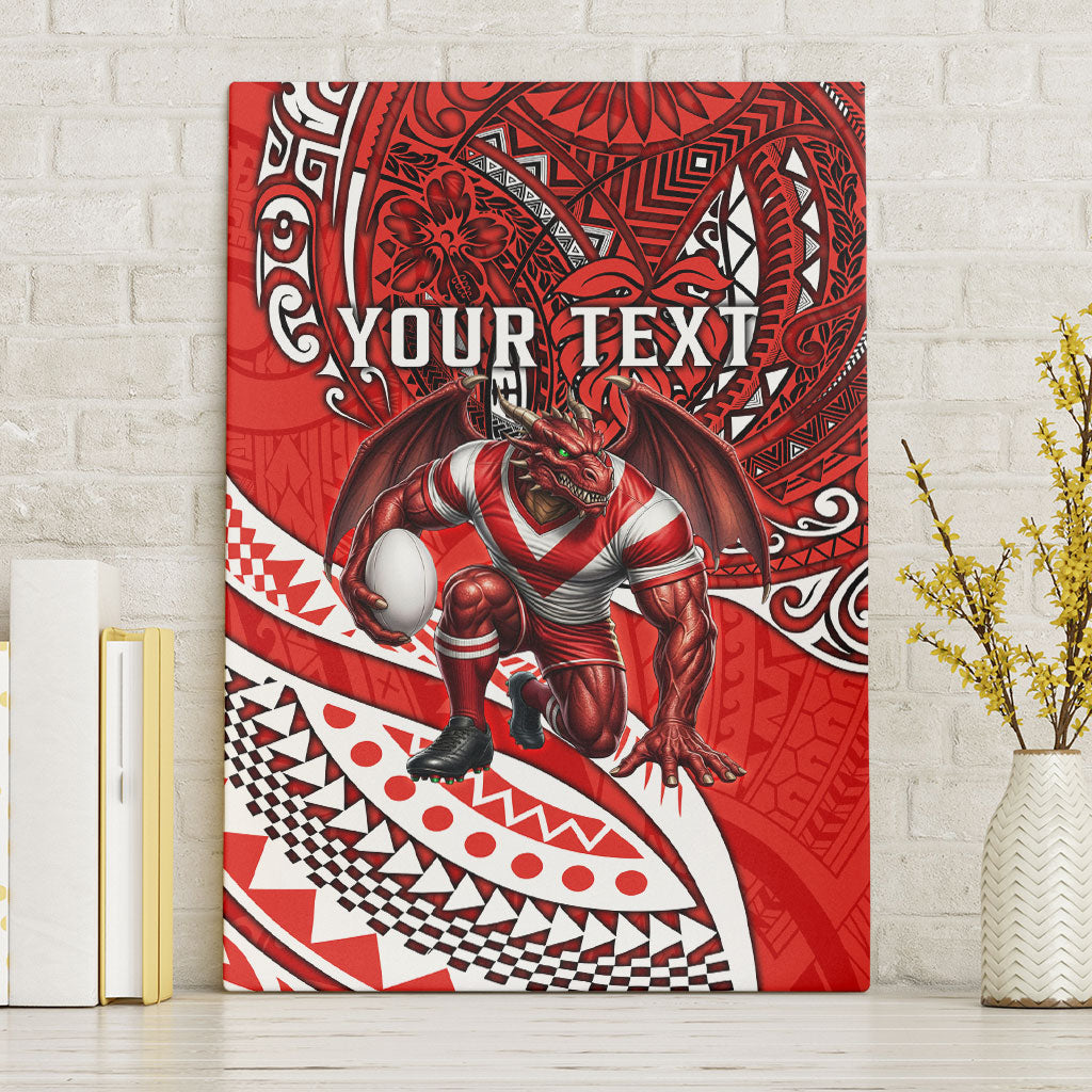 Personalised St George Illawarra Dragons Canvas Wall Art Polynesian Tribal Art Style With Fierce Red Dragon Mascot