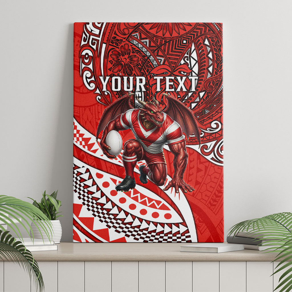 Personalised St George Illawarra Dragons Canvas Wall Art Polynesian Tribal Art Style With Fierce Red Dragon Mascot