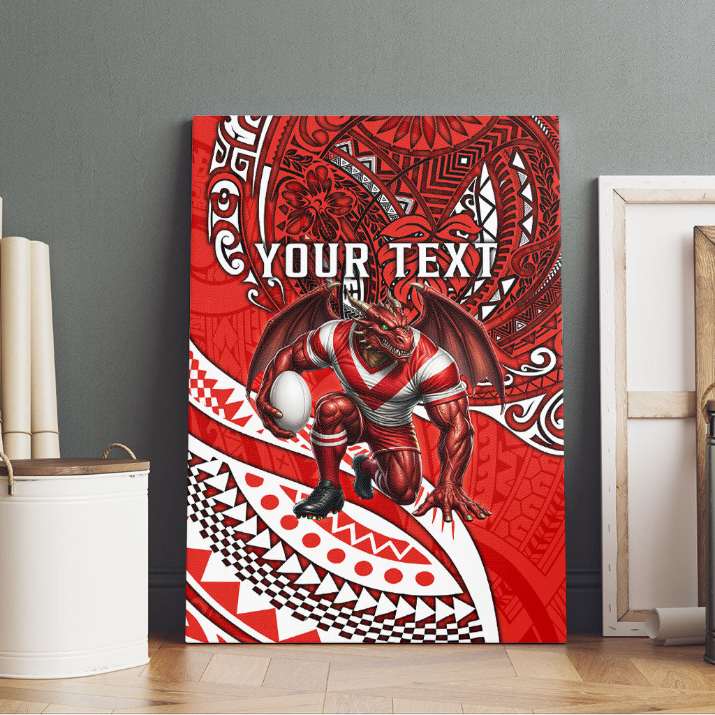 Personalised St George Illawarra Dragons Canvas Wall Art Polynesian Tribal Art Style With Fierce Red Dragon Mascot