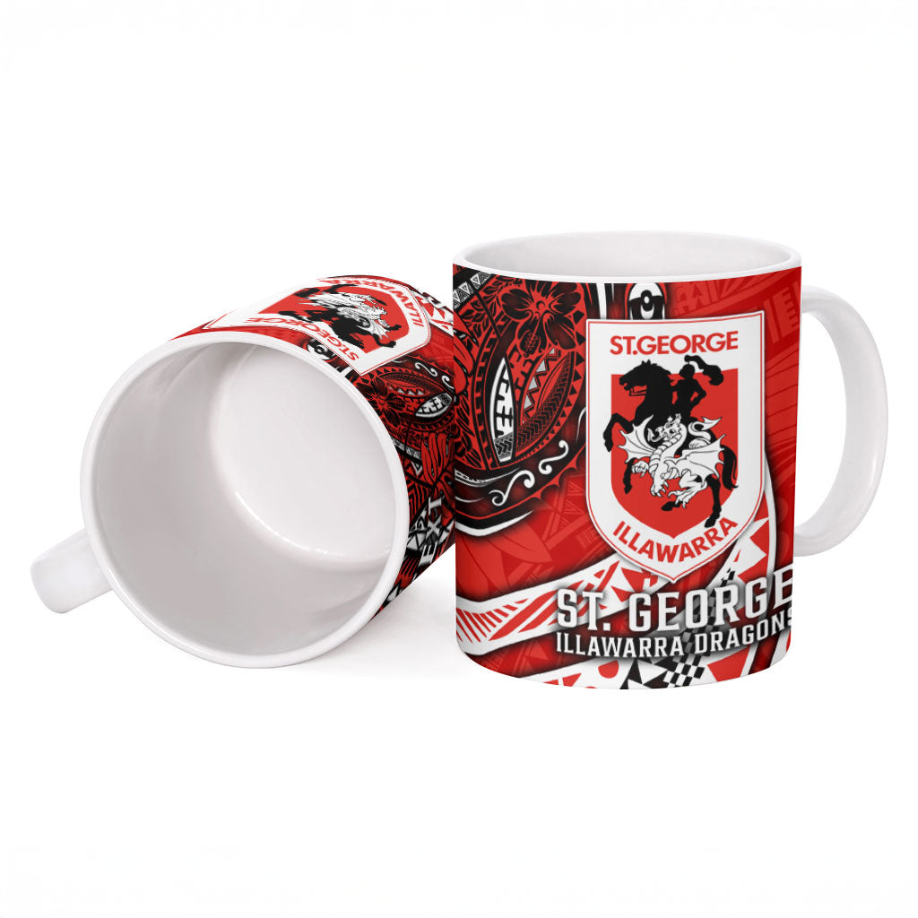 Personalised St George Illawarra Dragons Ceramic Mug Polynesian Tribal Art Style With Fierce Red Dragon Mascot