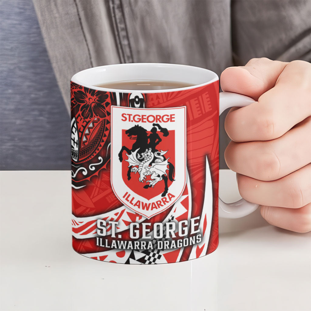 Personalised St George Illawarra Dragons Ceramic Mug Polynesian Tribal Art Style With Fierce Red Dragon Mascot