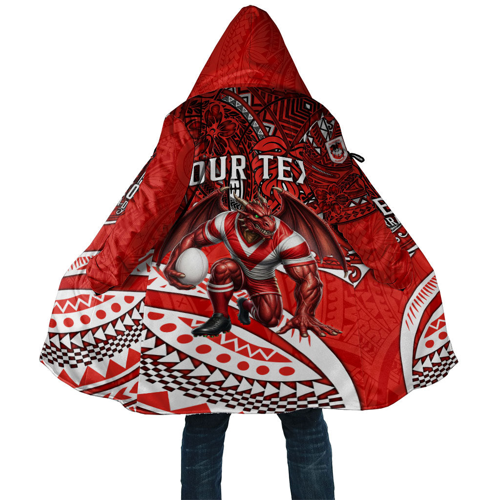 Personalised St George Illawarra Dragons Cloak Polynesian Tribal Art Style With Fierce Red Dragon Mascot