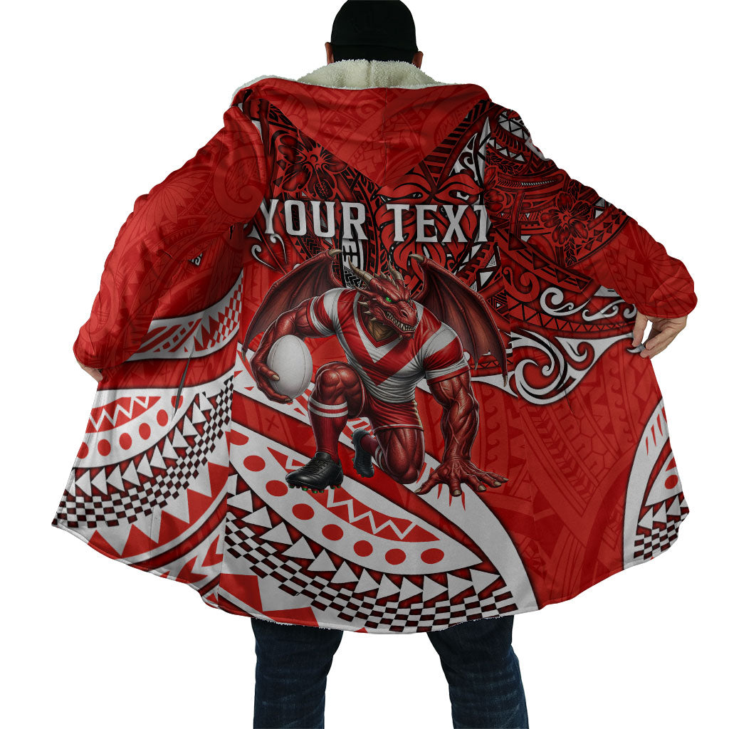 Personalised St George Illawarra Dragons Cloak Polynesian Tribal Art Style With Fierce Red Dragon Mascot