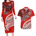 Personalised St George Illawarra Dragons Couples Matching Long Sleeve Bodycon Dress and Hawaiian Shirt Polynesian Tribal Art Style With Fierce Red Dragon Mascot