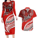 Personalised St George Illawarra Dragons Couples Matching Long Sleeve Bodycon Dress and Hawaiian Shirt Polynesian Tribal Art Style With Fierce Red Dragon Mascot