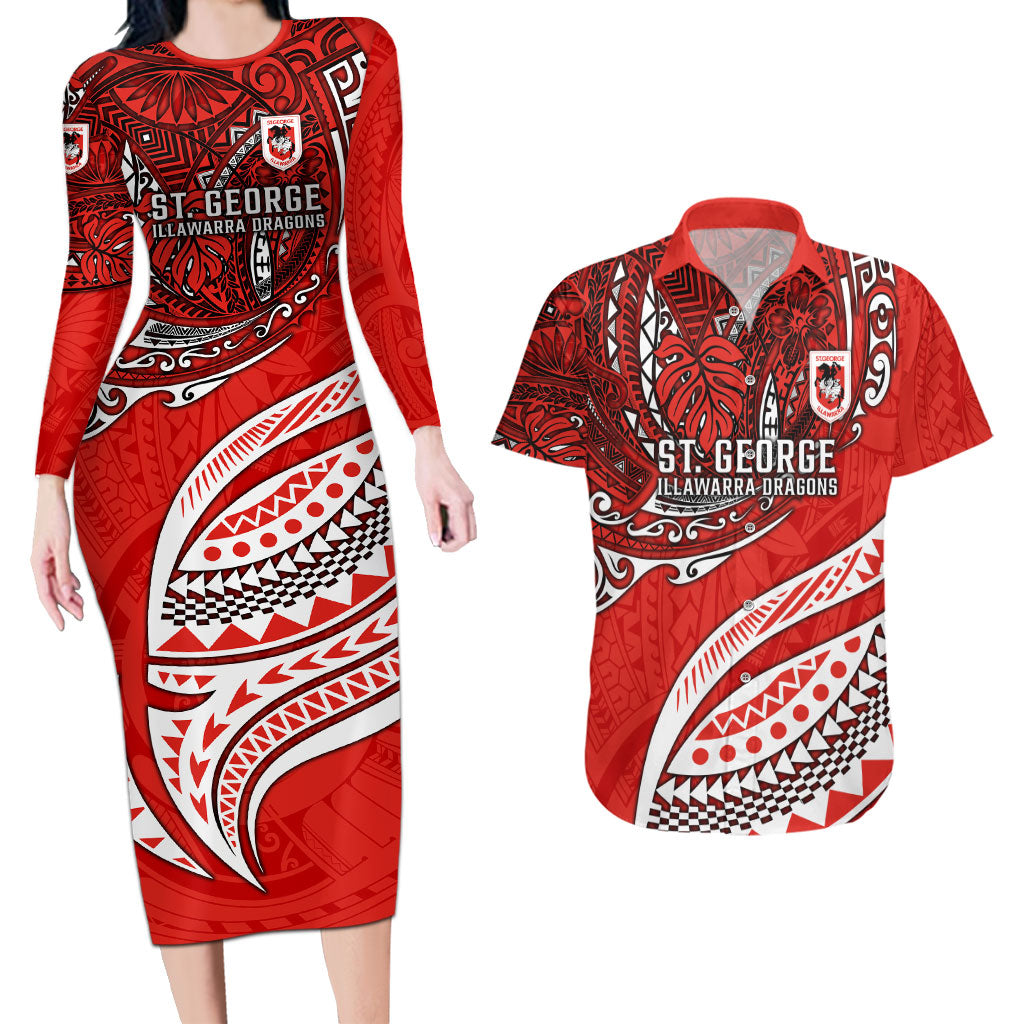 Personalised St George Illawarra Dragons Couples Matching Long Sleeve Bodycon Dress and Hawaiian Shirt Polynesian Tribal Art Style With Fierce Red Dragon Mascot
