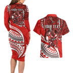 Personalised St George Illawarra Dragons Couples Matching Long Sleeve Bodycon Dress and Hawaiian Shirt Polynesian Tribal Art Style With Fierce Red Dragon Mascot