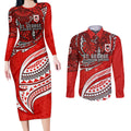 Personalised St George Illawarra Dragons Couples Matching Long Sleeve Bodycon Dress and Long Sleeve Button Shirt Polynesian Tribal Art Style With Fierce Red Dragon Mascot