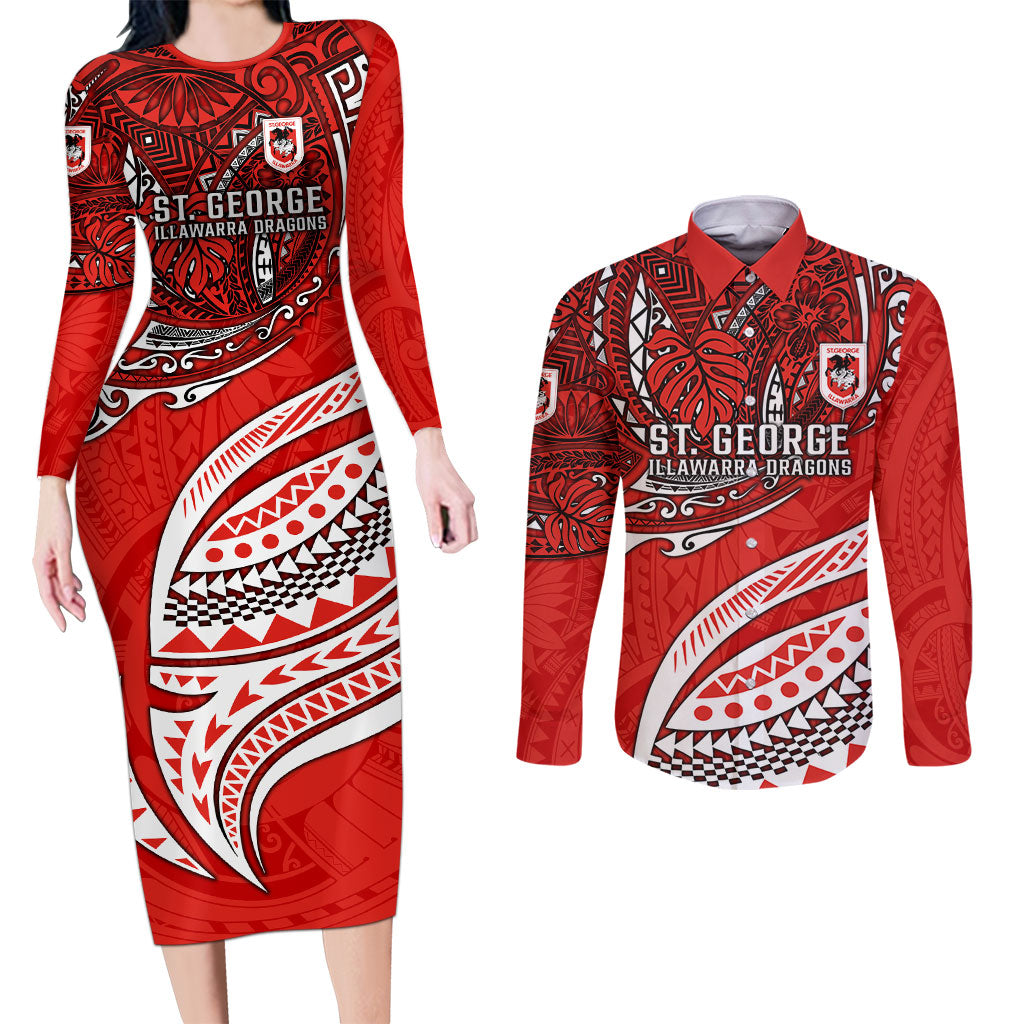 Personalised St George Illawarra Dragons Couples Matching Long Sleeve Bodycon Dress and Long Sleeve Button Shirt Polynesian Tribal Art Style With Fierce Red Dragon Mascot