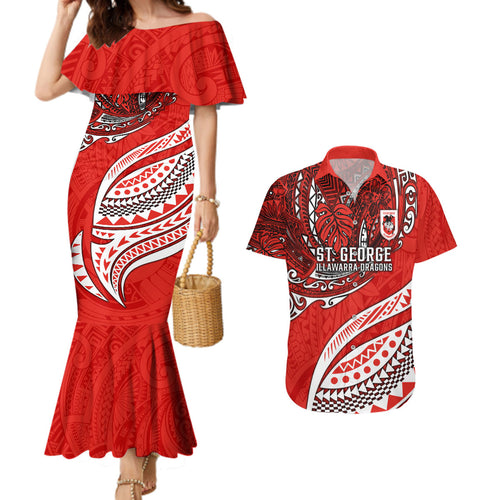 Personalised St George Illawarra Dragons Couples Matching Mermaid Dress and Hawaiian Shirt Polynesian Tribal Art Style With Fierce Red Dragon Mascot