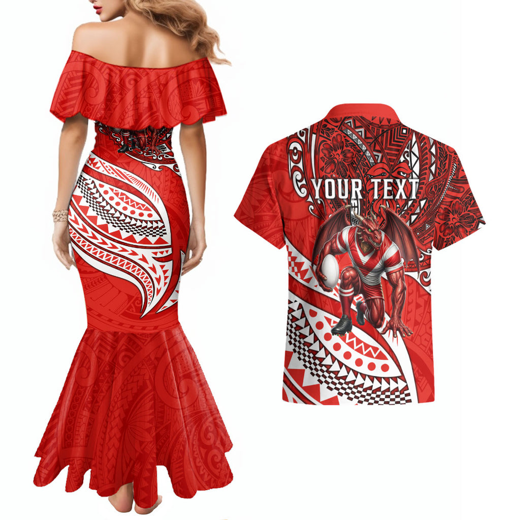 Personalised St George Illawarra Dragons Couples Matching Mermaid Dress and Hawaiian Shirt Polynesian Tribal Art Style With Fierce Red Dragon Mascot