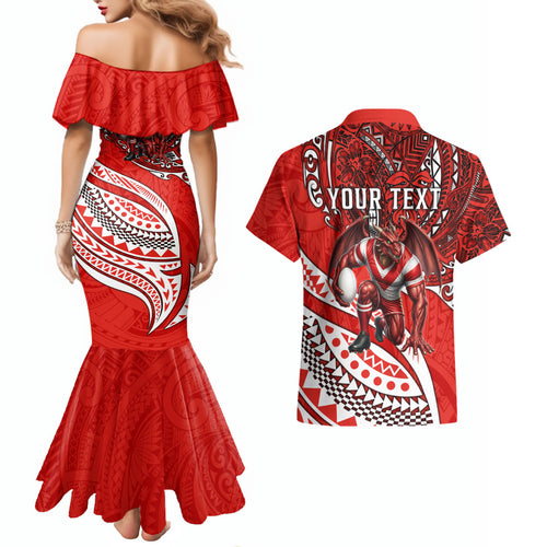 Personalised St George Illawarra Dragons Couples Matching Mermaid Dress and Hawaiian Shirt Polynesian Tribal Art Style With Fierce Red Dragon Mascot