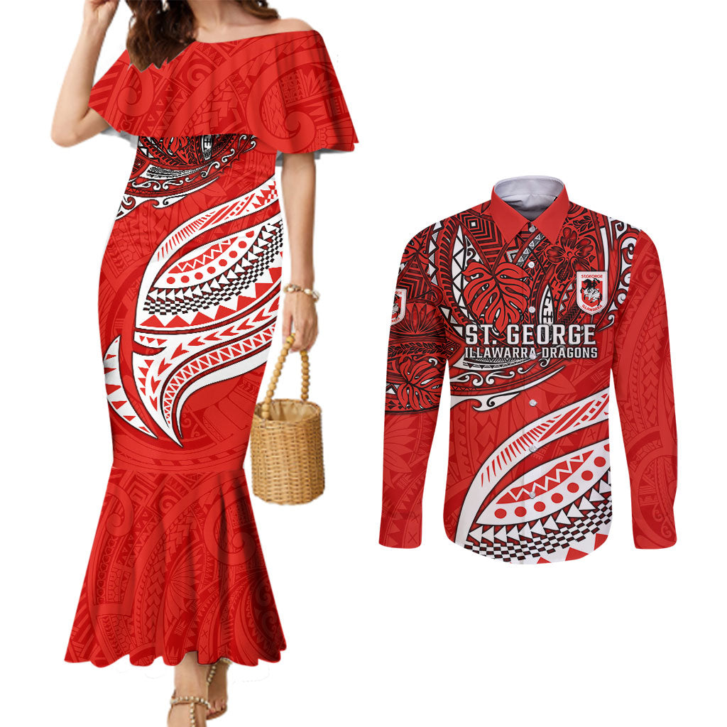 Personalised St George Illawarra Dragons Couples Matching Mermaid Dress and Long Sleeve Button Shirt Polynesian Tribal Art Style With Fierce Red Dragon Mascot