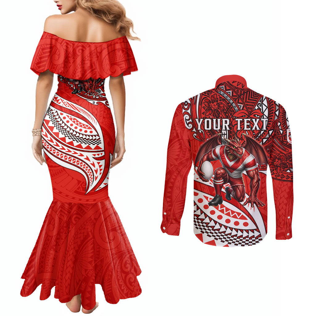 Personalised St George Illawarra Dragons Couples Matching Mermaid Dress and Long Sleeve Button Shirt Polynesian Tribal Art Style With Fierce Red Dragon Mascot