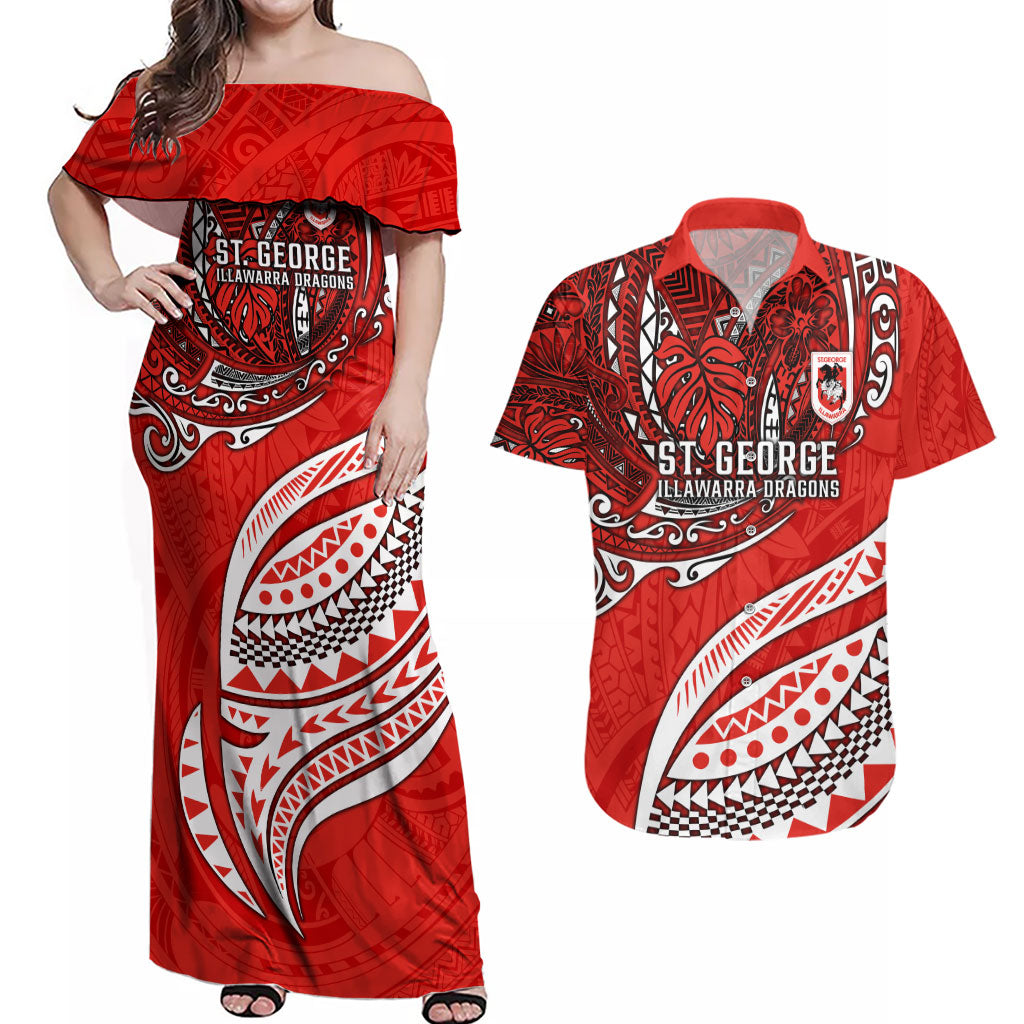 Personalised St George Illawarra Dragons Couples Matching Off Shoulder Maxi Dress and Hawaiian Shirt Polynesian Tribal Art Style With Fierce Red Dragon Mascot