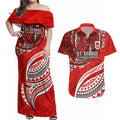 Personalised St George Illawarra Dragons Couples Matching Off Shoulder Maxi Dress and Hawaiian Shirt Polynesian Tribal Art Style With Fierce Red Dragon Mascot