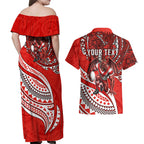 Personalised St George Illawarra Dragons Couples Matching Off Shoulder Maxi Dress and Hawaiian Shirt Polynesian Tribal Art Style With Fierce Red Dragon Mascot