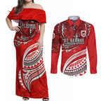 Personalised St George Illawarra Dragons Couples Matching Off Shoulder Maxi Dress and Long Sleeve Button Shirt Polynesian Tribal Art Style With Fierce Red Dragon Mascot
