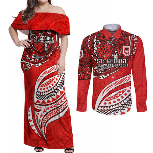 Personalised St George Illawarra Dragons Couples Matching Off Shoulder Maxi Dress and Long Sleeve Button Shirt Polynesian Tribal Art Style With Fierce Red Dragon Mascot