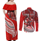 Personalised St George Illawarra Dragons Couples Matching Off Shoulder Maxi Dress and Long Sleeve Button Shirt Polynesian Tribal Art Style With Fierce Red Dragon Mascot