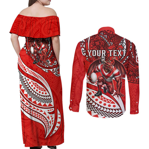Personalised St George Illawarra Dragons Couples Matching Off Shoulder Maxi Dress and Long Sleeve Button Shirt Polynesian Tribal Art Style With Fierce Red Dragon Mascot