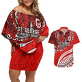 Personalised St George Illawarra Dragons Couples Matching Off Shoulder Short Dress and Hawaiian Shirt Polynesian Tribal Art Style With Fierce Red Dragon Mascot
