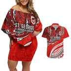 Personalised St George Illawarra Dragons Couples Matching Off Shoulder Short Dress and Hawaiian Shirt Polynesian Tribal Art Style With Fierce Red Dragon Mascot