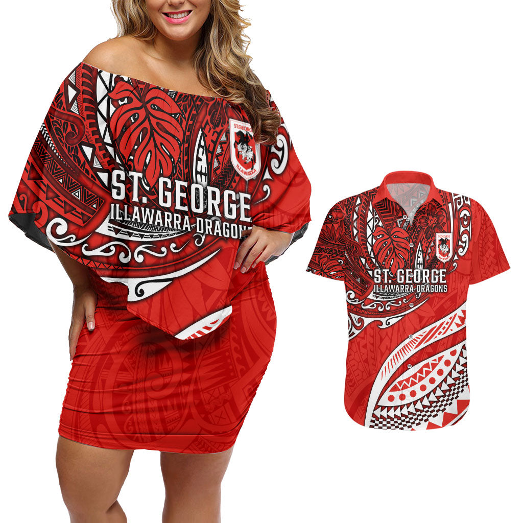 Personalised St George Illawarra Dragons Couples Matching Off Shoulder Short Dress and Hawaiian Shirt Polynesian Tribal Art Style With Fierce Red Dragon Mascot