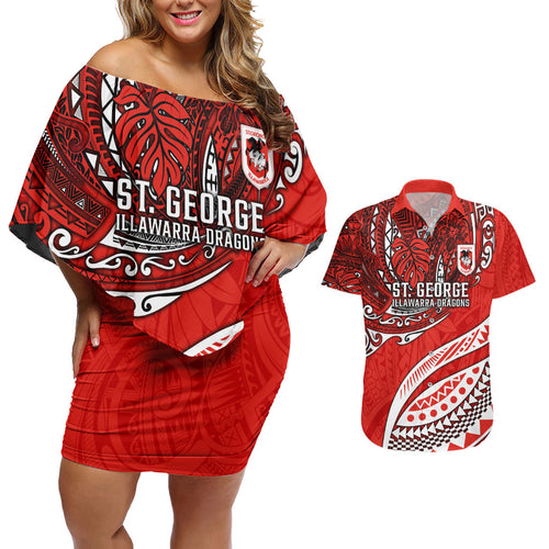 Personalised St George Illawarra Dragons Couples Matching Off Shoulder Short Dress and Hawaiian Shirt Polynesian Tribal Art Style With Fierce Red Dragon Mascot