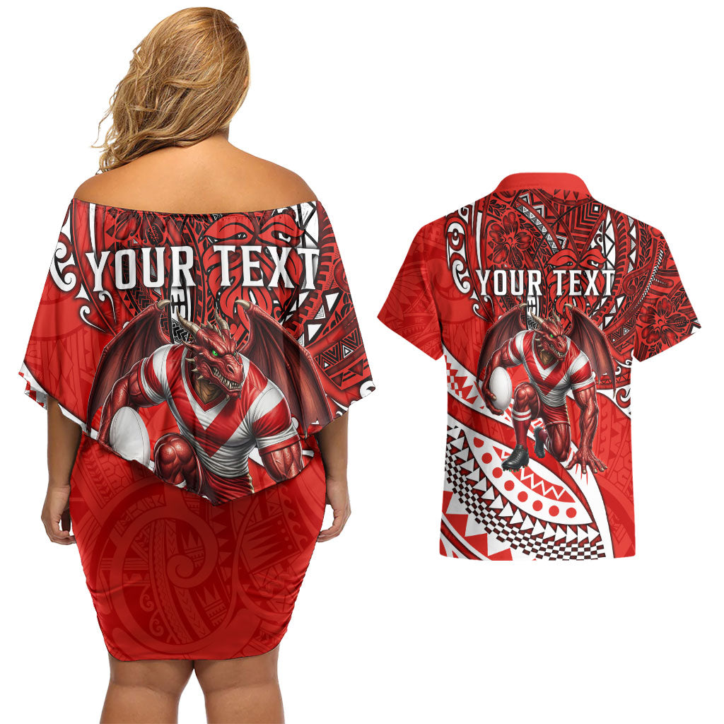 Personalised St George Illawarra Dragons Couples Matching Off Shoulder Short Dress and Hawaiian Shirt Polynesian Tribal Art Style With Fierce Red Dragon Mascot