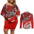 Personalised St George Illawarra Dragons Couples Matching Off Shoulder Short Dress and Long Sleeve Button Shirt Polynesian Tribal Art Style With Fierce Red Dragon Mascot