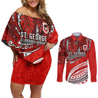 Personalised St George Illawarra Dragons Couples Matching Off Shoulder Short Dress and Long Sleeve Button Shirt Polynesian Tribal Art Style With Fierce Red Dragon Mascot