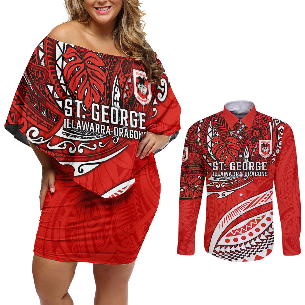 Personalised St George Illawarra Dragons Couples Matching Off Shoulder Short Dress and Long Sleeve Button Shirt Polynesian Tribal Art Style With Fierce Red Dragon Mascot