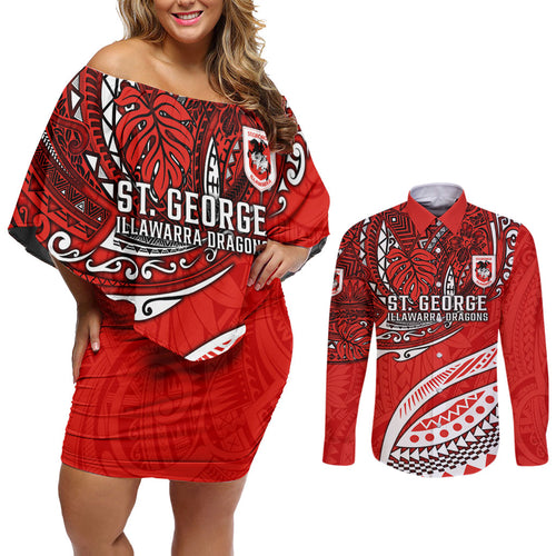 Personalised St George Illawarra Dragons Couples Matching Off Shoulder Short Dress and Long Sleeve Button Shirt Polynesian Tribal Art Style With Fierce Red Dragon Mascot