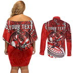 Personalised St George Illawarra Dragons Couples Matching Off Shoulder Short Dress and Long Sleeve Button Shirt Polynesian Tribal Art Style With Fierce Red Dragon Mascot