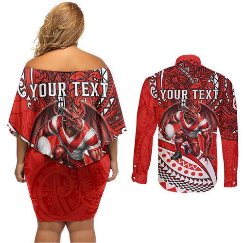 Personalised St George Illawarra Dragons Couples Matching Off Shoulder Short Dress and Long Sleeve Button Shirt Polynesian Tribal Art Style With Fierce Red Dragon Mascot