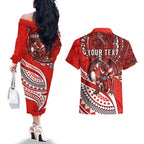 Personalised St George Illawarra Dragons Couples Matching Off The Shoulder Long Sleeve Dress and Hawaiian Shirt Polynesian Tribal Art Style With Fierce Red Dragon Mascot