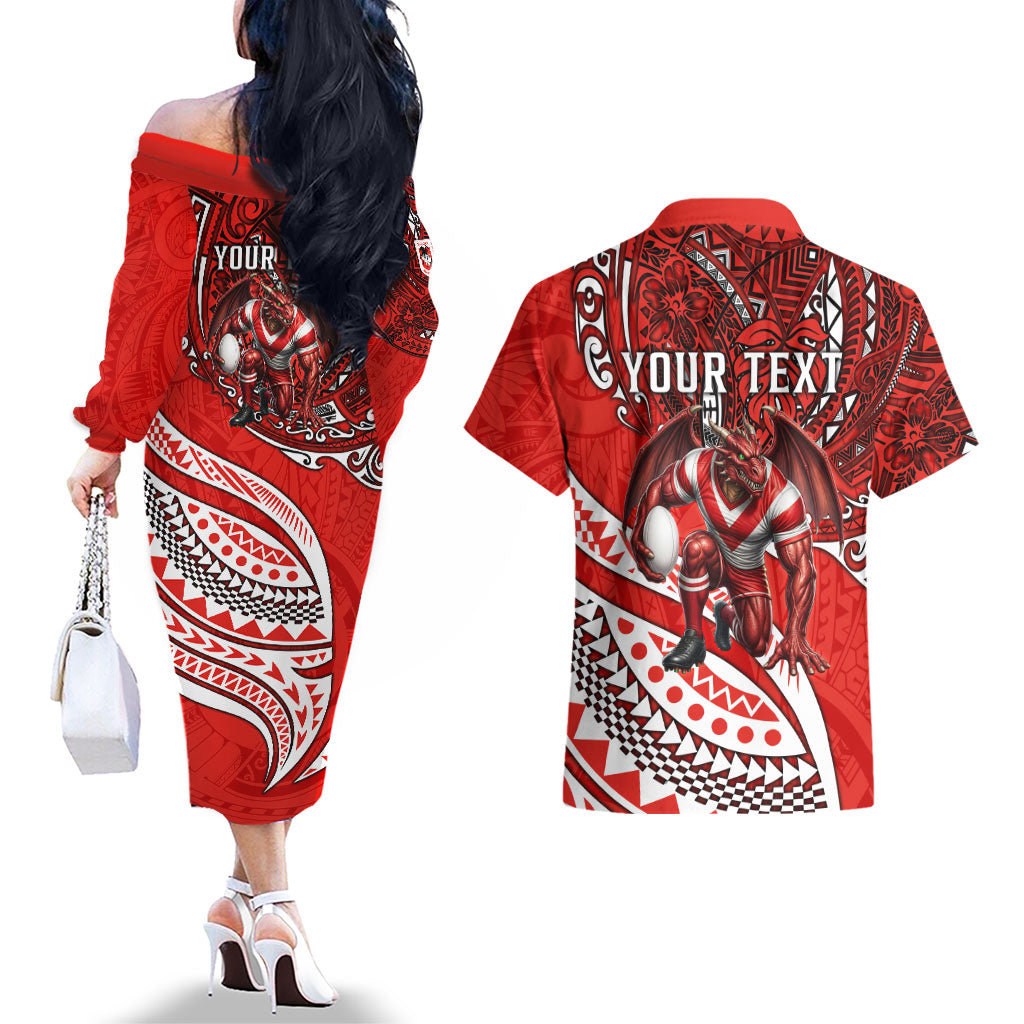 Personalised St George Illawarra Dragons Couples Matching Off The Shoulder Long Sleeve Dress and Hawaiian Shirt Polynesian Tribal Art Style With Fierce Red Dragon Mascot