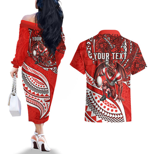 Personalised St George Illawarra Dragons Couples Matching Off The Shoulder Long Sleeve Dress and Hawaiian Shirt Polynesian Tribal Art Style With Fierce Red Dragon Mascot