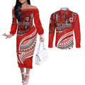 Personalised St George Illawarra Dragons Couples Matching Off The Shoulder Long Sleeve Dress and Long Sleeve Button Shirt Polynesian Tribal Art Style With Fierce Red Dragon Mascot