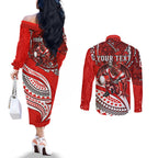 Personalised St George Illawarra Dragons Couples Matching Off The Shoulder Long Sleeve Dress and Long Sleeve Button Shirt Polynesian Tribal Art Style With Fierce Red Dragon Mascot