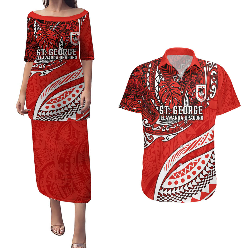 Personalised St George Illawarra Dragons Couples Matching Puletasi and Hawaiian Shirt Polynesian Tribal Art Style With Fierce Red Dragon Mascot