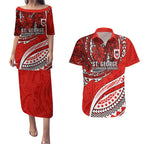 Personalised St George Illawarra Dragons Couples Matching Puletasi and Hawaiian Shirt Polynesian Tribal Art Style With Fierce Red Dragon Mascot