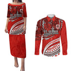 Personalised St George Illawarra Dragons Couples Matching Puletasi and Long Sleeve Button Shirt Polynesian Tribal Art Style With Fierce Red Dragon Mascot