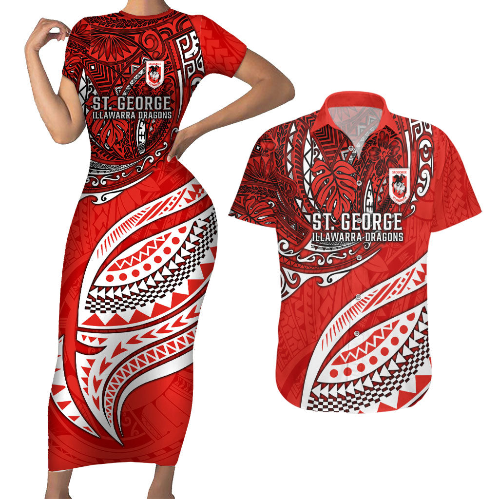 Personalised St George Illawarra Dragons Couples Matching Short Sleeve Bodycon Dress and Hawaiian Shirt Polynesian Tribal Art Style With Fierce Red Dragon Mascot