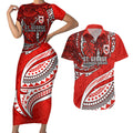 Personalised St George Illawarra Dragons Couples Matching Short Sleeve Bodycon Dress and Hawaiian Shirt Polynesian Tribal Art Style With Fierce Red Dragon Mascot