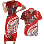 Personalised St George Illawarra Dragons Couples Matching Short Sleeve Bodycon Dress and Hawaiian Shirt Polynesian Tribal Art Style With Fierce Red Dragon Mascot